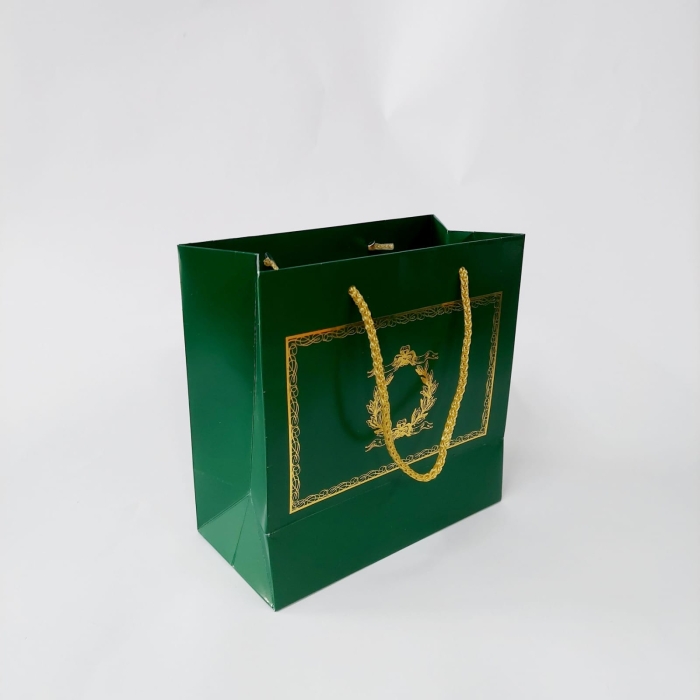 20x20x10 Koyu Yeşil Altın Yaldızlı Karton Çanta